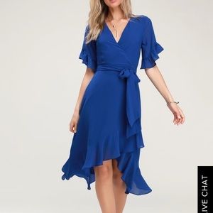 FOR THE FRILLS ROYAL BLUE HIGH-LOW WRAP DRESS